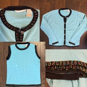 Vintage‎ Blue Jeweled Beaded Sweater Set Silk Blend 90s Eclectic Teacher Cottage